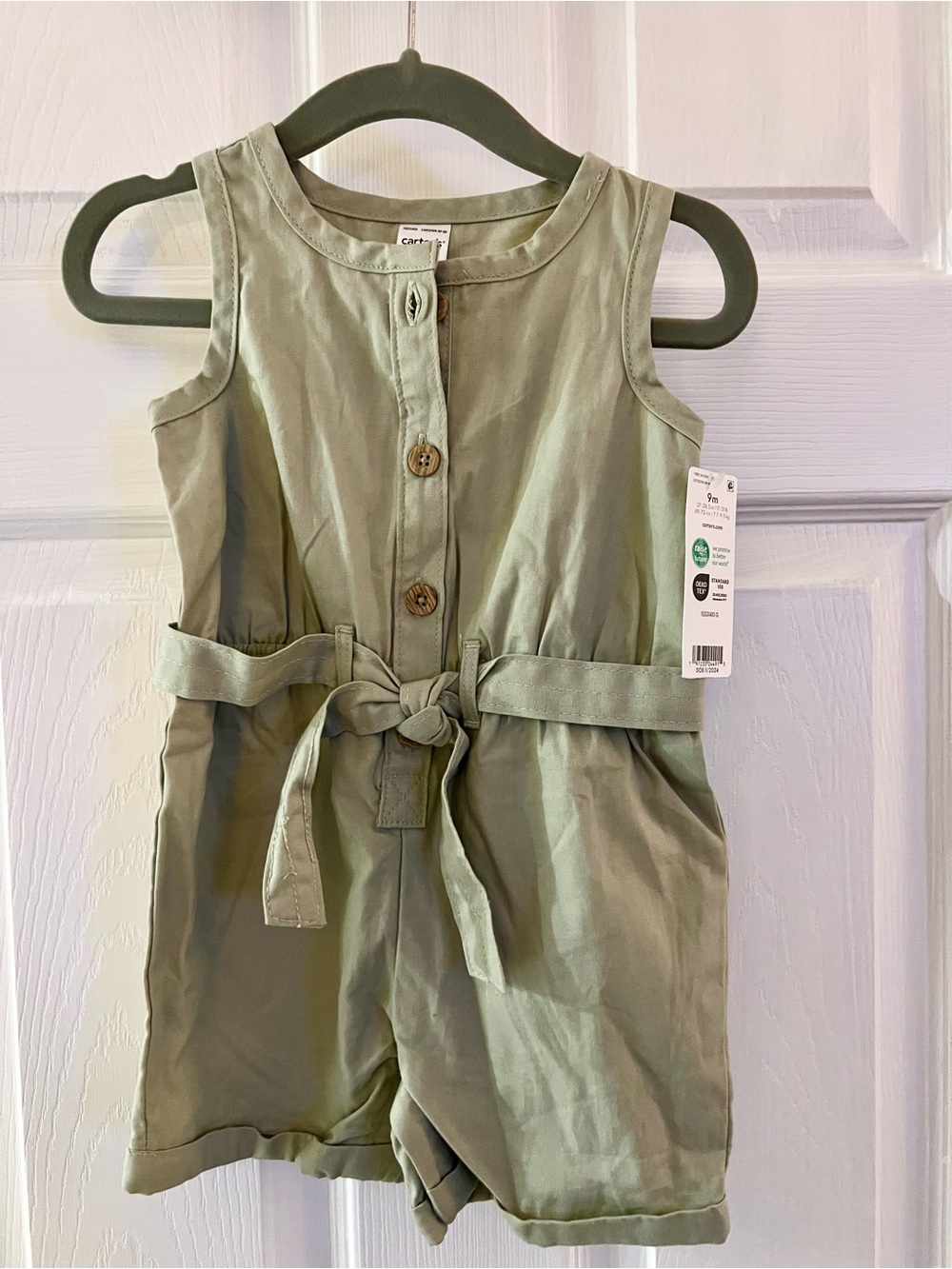 Carter's Sage Green Sleeveless Tie-Waist Romper NWT 9 mo